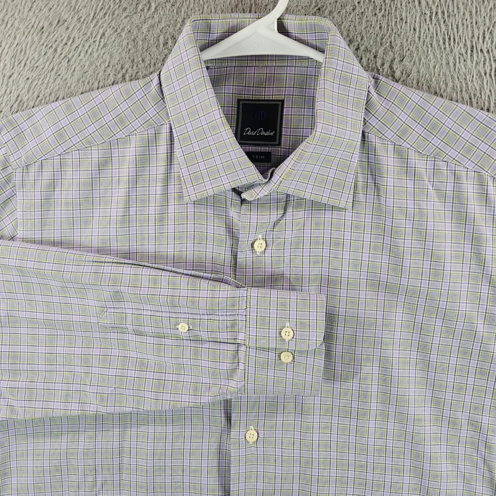 David Donahue Mens Trim Fit Dress Shirt Purple Green Check Plaid Long‎ Slv Sz L